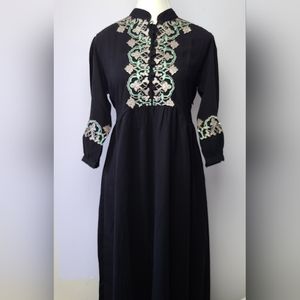Ask Me black embroidered mandarin collar 3/4 sleeve maxi vintage dress (PTP 17")